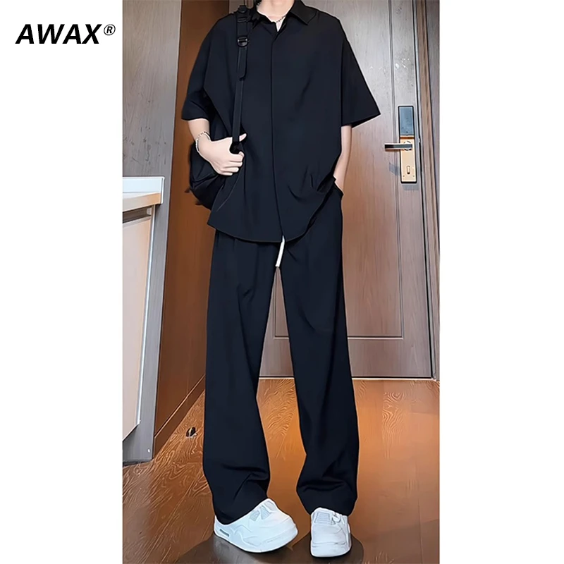 短袖衬衫速干裤子一整套搭配男士夏季薄款痞帅穿搭冰丝长裤两件套