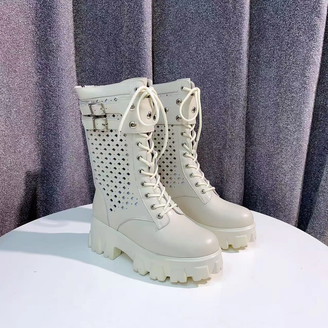 C1915 米色 时尚粗跟圆头真皮厚底短靴 马丁靴