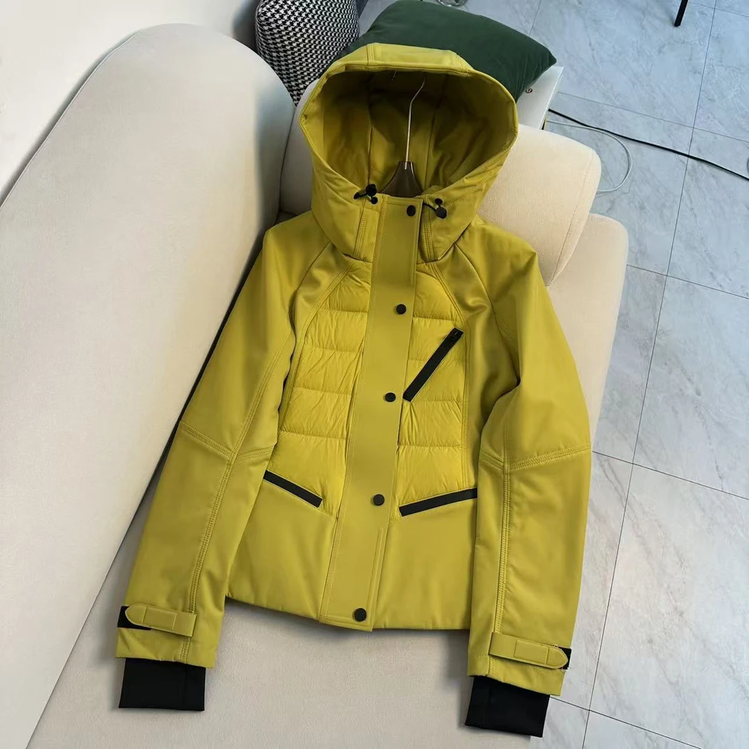 秋冬季黄色拼接冲锋防风连帽短款绒服外套