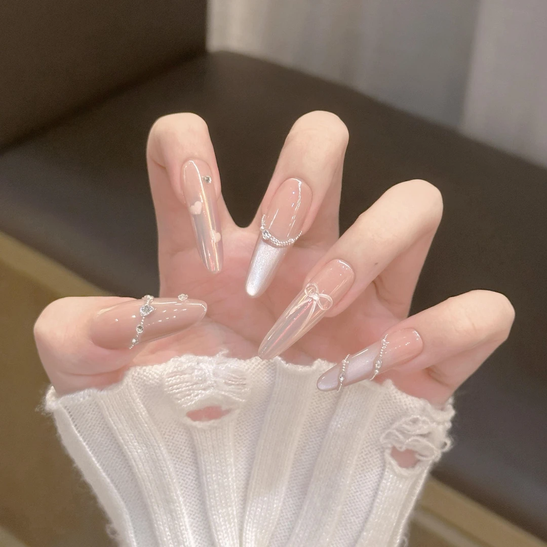 【粉金猫眼】裸色渐变法式猫眼手工穿戴甲中长款夏日显白光疗美甲贴