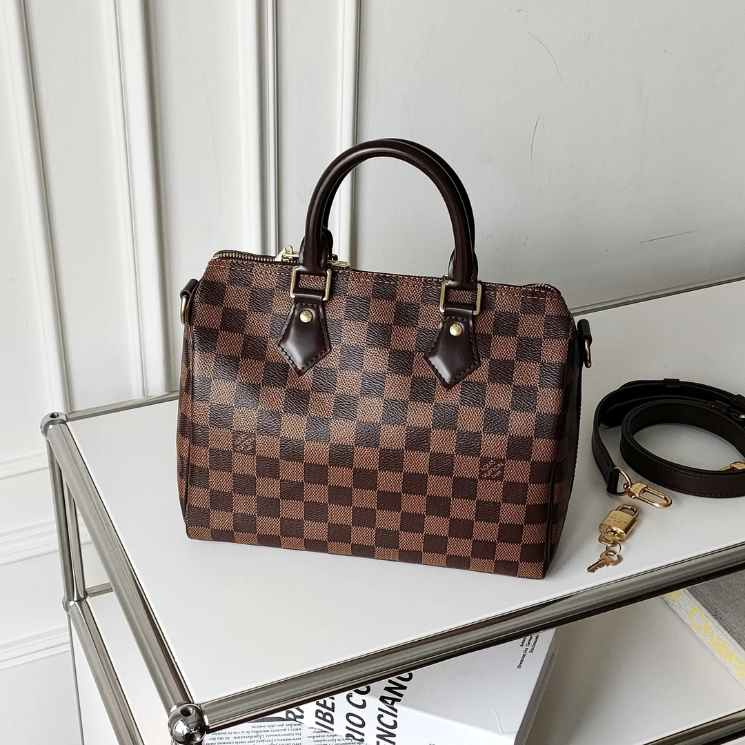 95新 LouisVuitton/路易威登 棕棋盘格speedy25手提斜挎包 41026