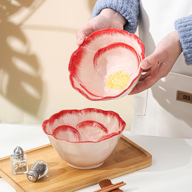 手绘陶瓷碗6英寸玫瑰花瓣碗高颜值家用陶瓷碗釉下彩餐具