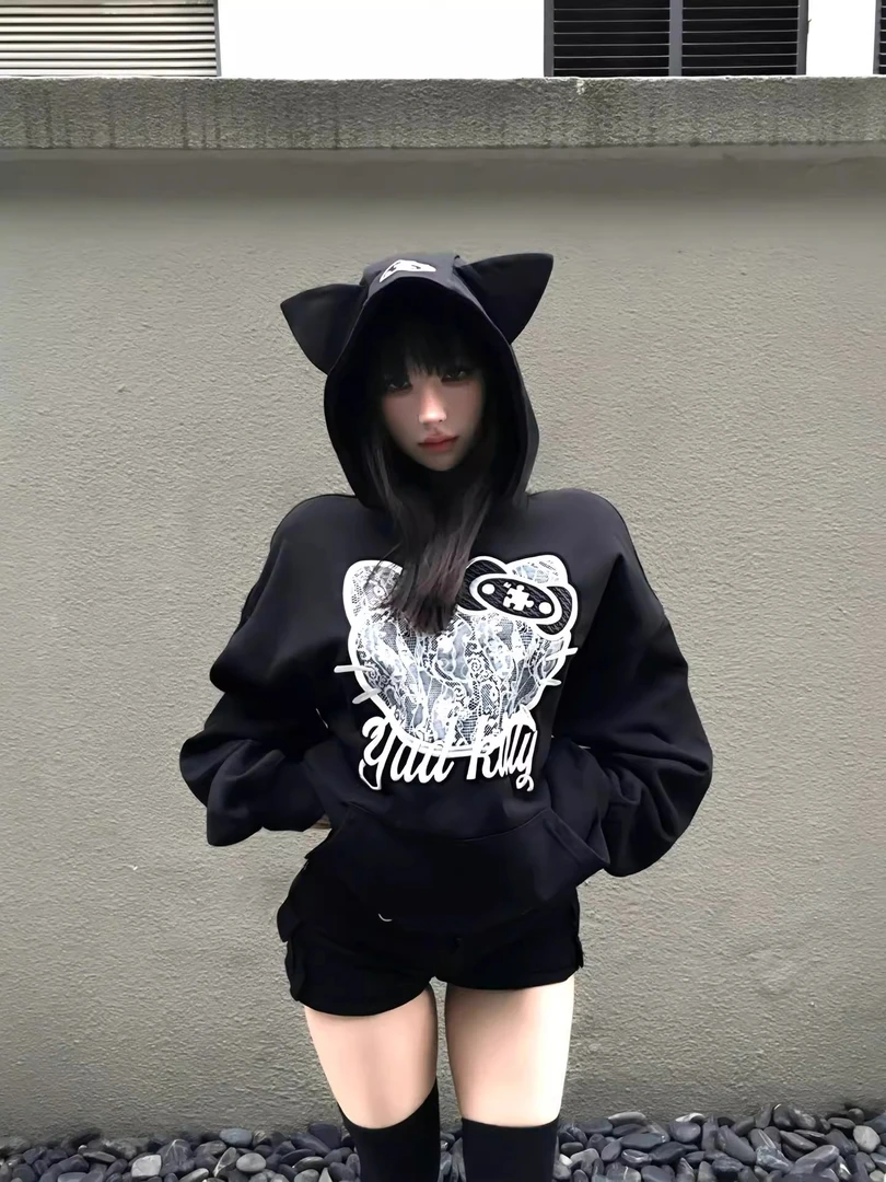 秋冬新款可爱卡通hellokitty刺绣连帽卫衣学生女宽松休闲国潮上衣