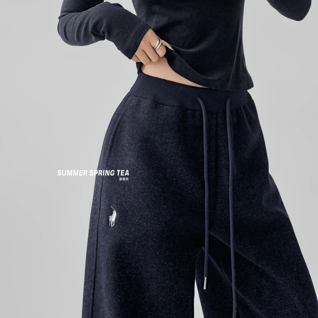 夏春茶毛呢阔腿休闲裤女冬季保暖加绒加厚抽绳卫裤宽松显瘦弯刀裤