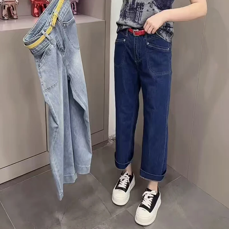 深蓝色直筒牛仔裤女夏季新款大码高腰法棍裤子弹力显瘦九分烟管裤