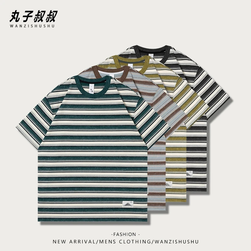 夏季混色条纹高棉设计款短袖宽松百搭清爽透气撞色条纹时尚DJ7059