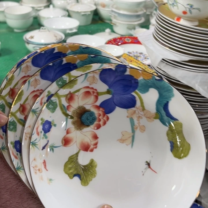 瓷片荷塘八寸深盘五个微瑕