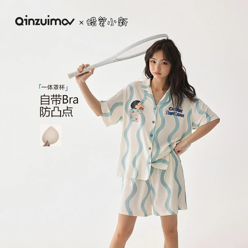 亲嘴猫【蜡笔小新】带胸垫夏季短袖短裤睡衣女莫代尔棉衬衣家居服