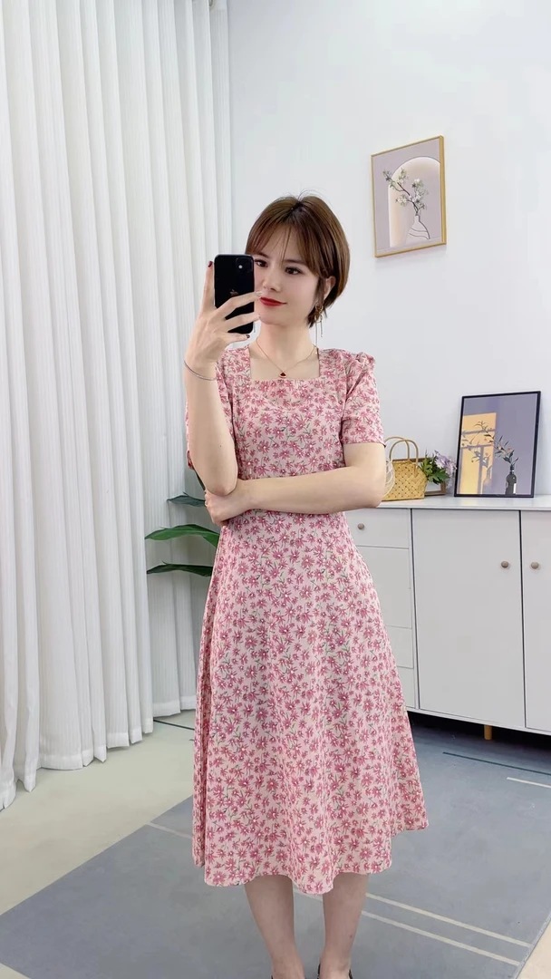 夏新款法式方领碎花裙女韩版大码连衣裙遮肉显瘦减龄百搭气质裙子