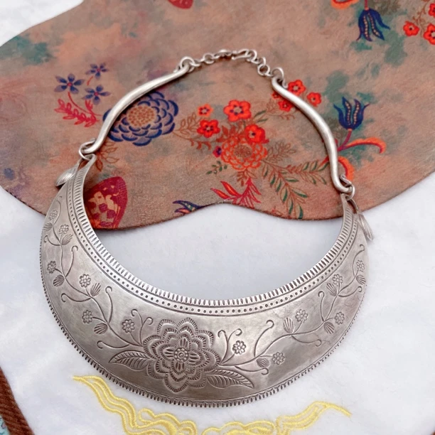 坠链均925银 泰国清迈手工银宽项圈通体s925纯银民族风刻花颈圈