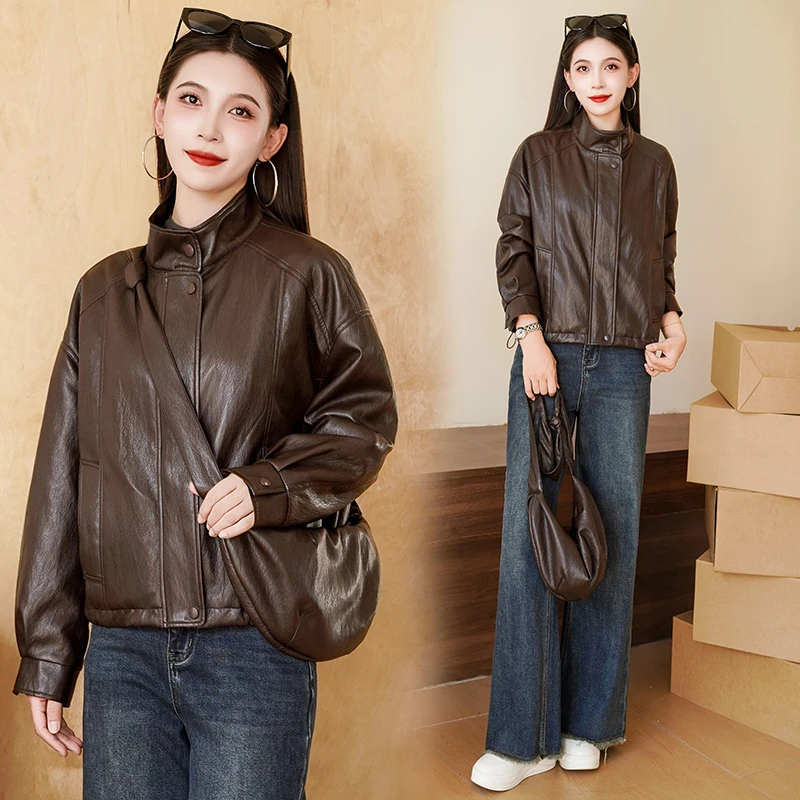 休闲风时尚立领PU皮衣女2025秋季新款街头风气质百搭短款上衣通勤