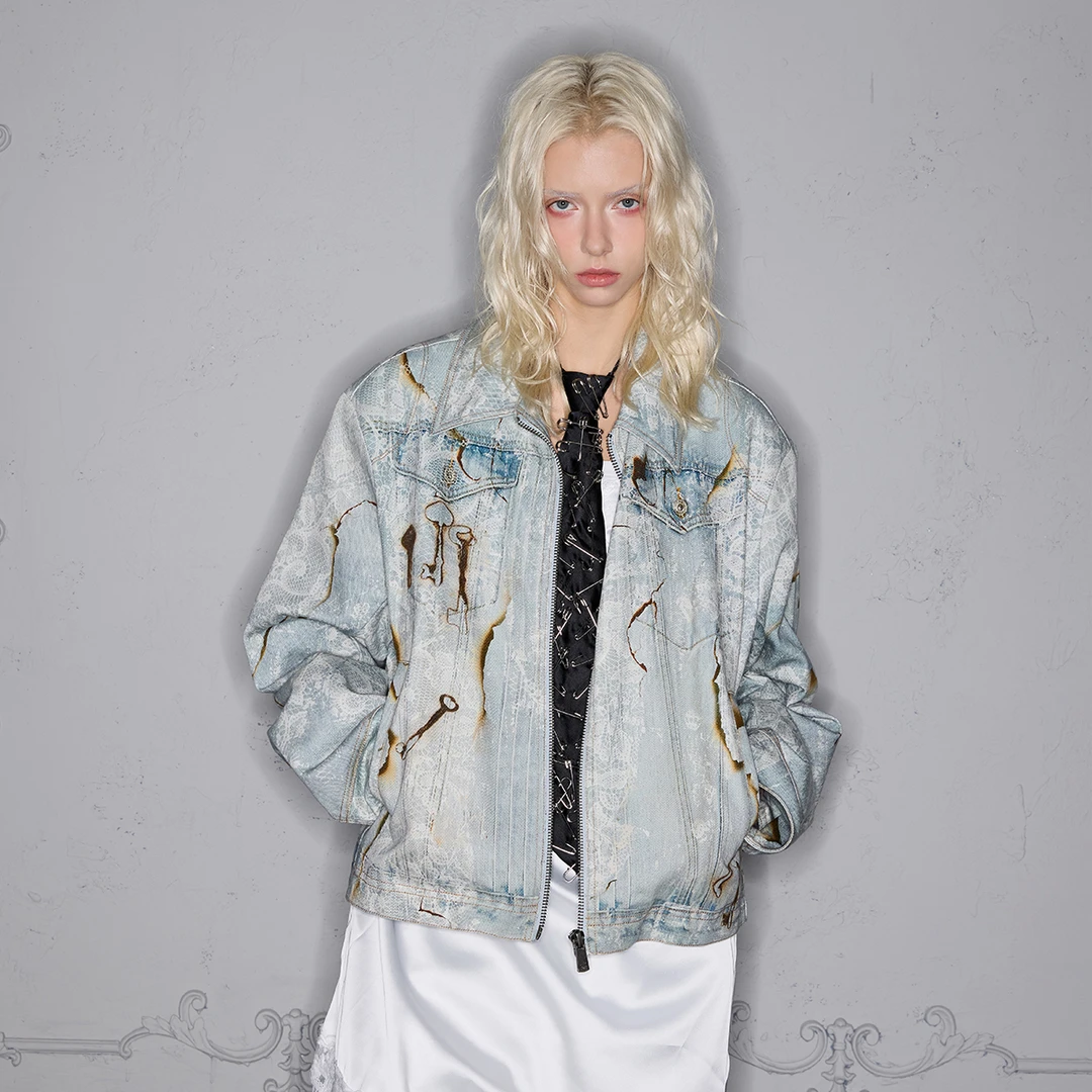 ROCAWEAR美式高街趣味烧花蕾丝印花洗水牛仔外套