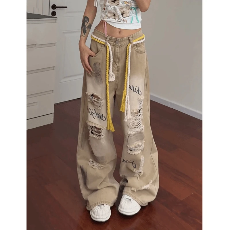 微胖mm美式复古做旧涂鸦破洞直筒牛仔裤女夏季宽松显瘦高腰阔腿裤