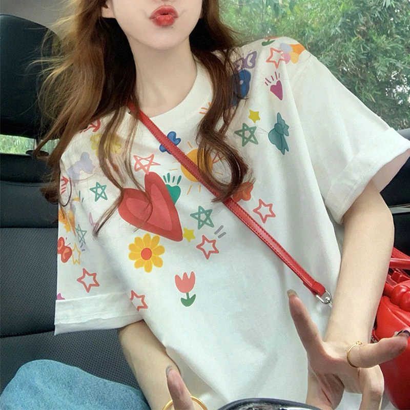 夏季大码日系潮牌卡通印花甜美减龄短袖纯棉休闲百搭宽松显瘦T恤