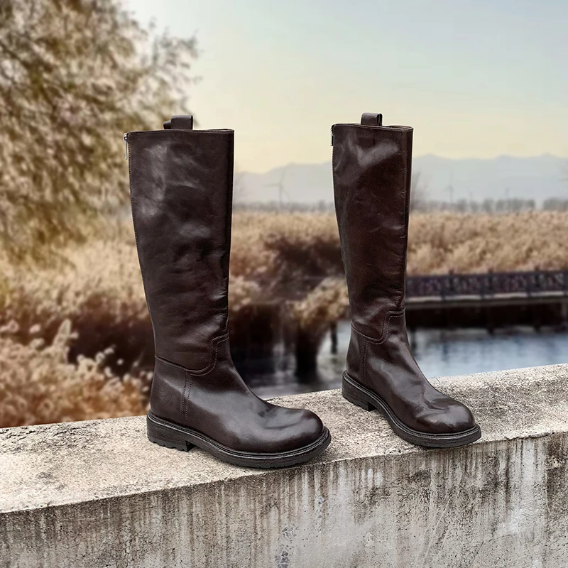复古水洗马皮百搭显瘦圆头后拉链粗跟不过膝长筒骑士靴