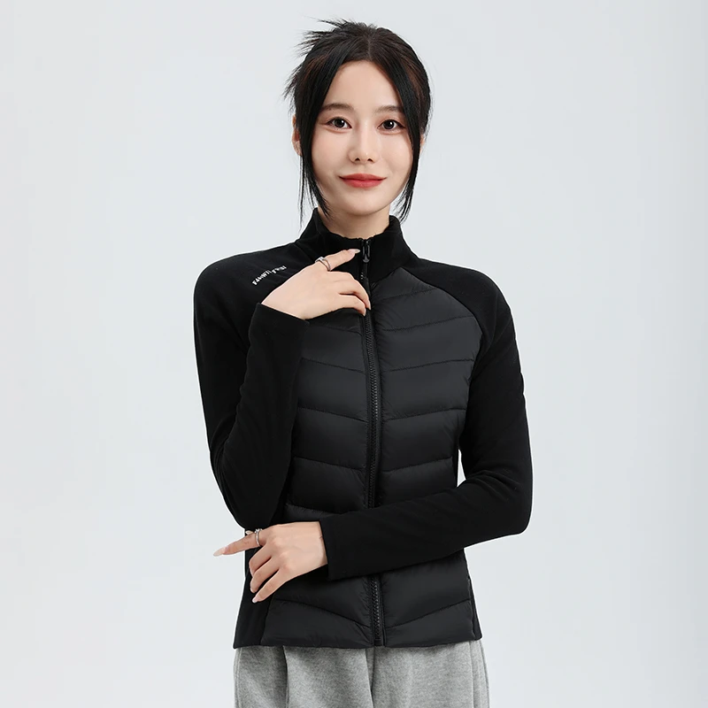 羽绒服女装轻薄修身瑜伽秋冬保暖90白鸭绒立领拼接薄款外套B112