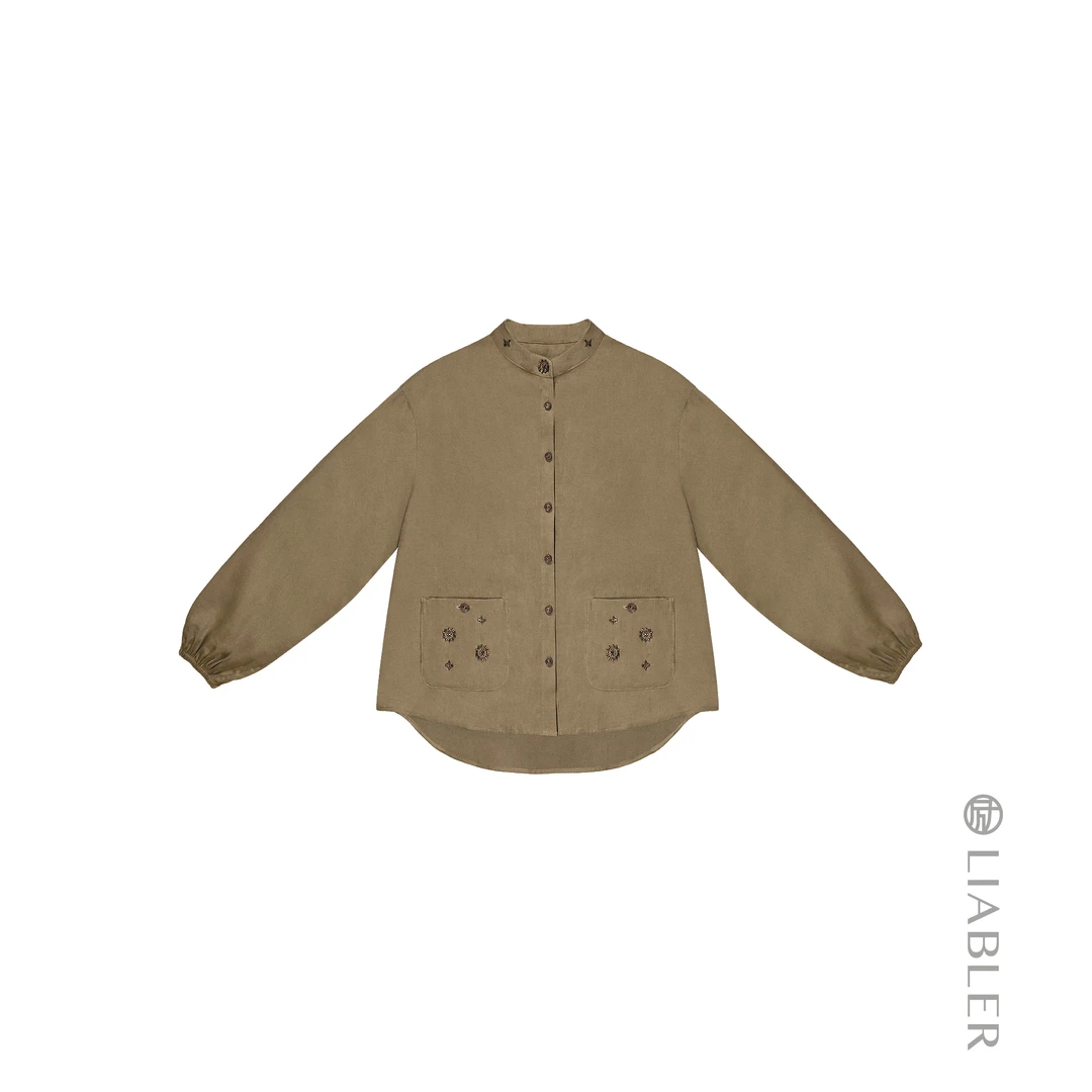 LIABLER/励 W25春夏古朴麻料钉珠长袖百搭宽松上衣 LSS25030S