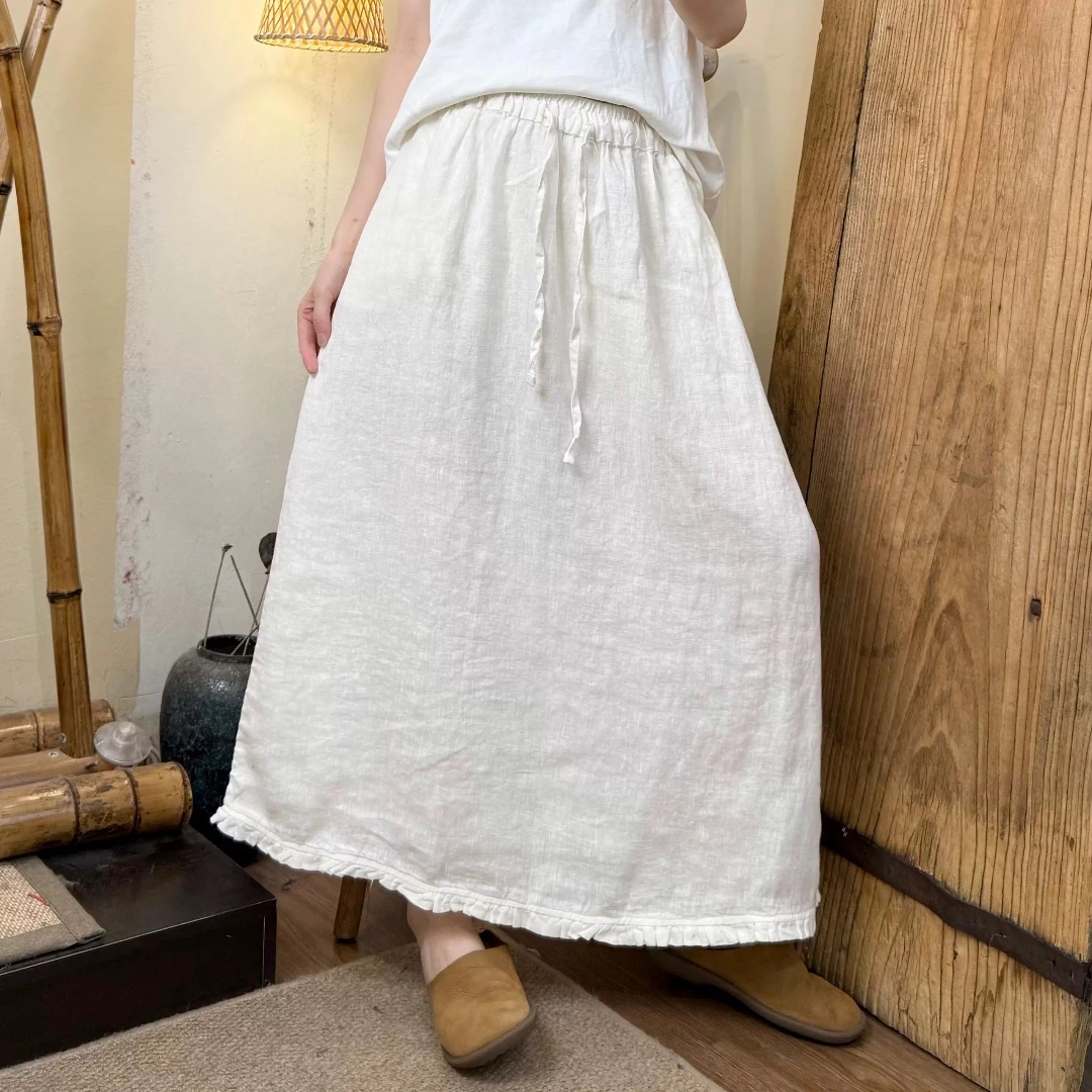 A字裙木耳边百搭显瘦大裙摆汉麻松紧腰半裙女XHH 0251