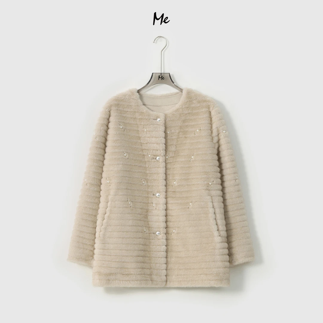 ME【珍珠天鹅堡一手长】丰盈毛感手缝贝珠时尚千金毛毛外套MESA4450