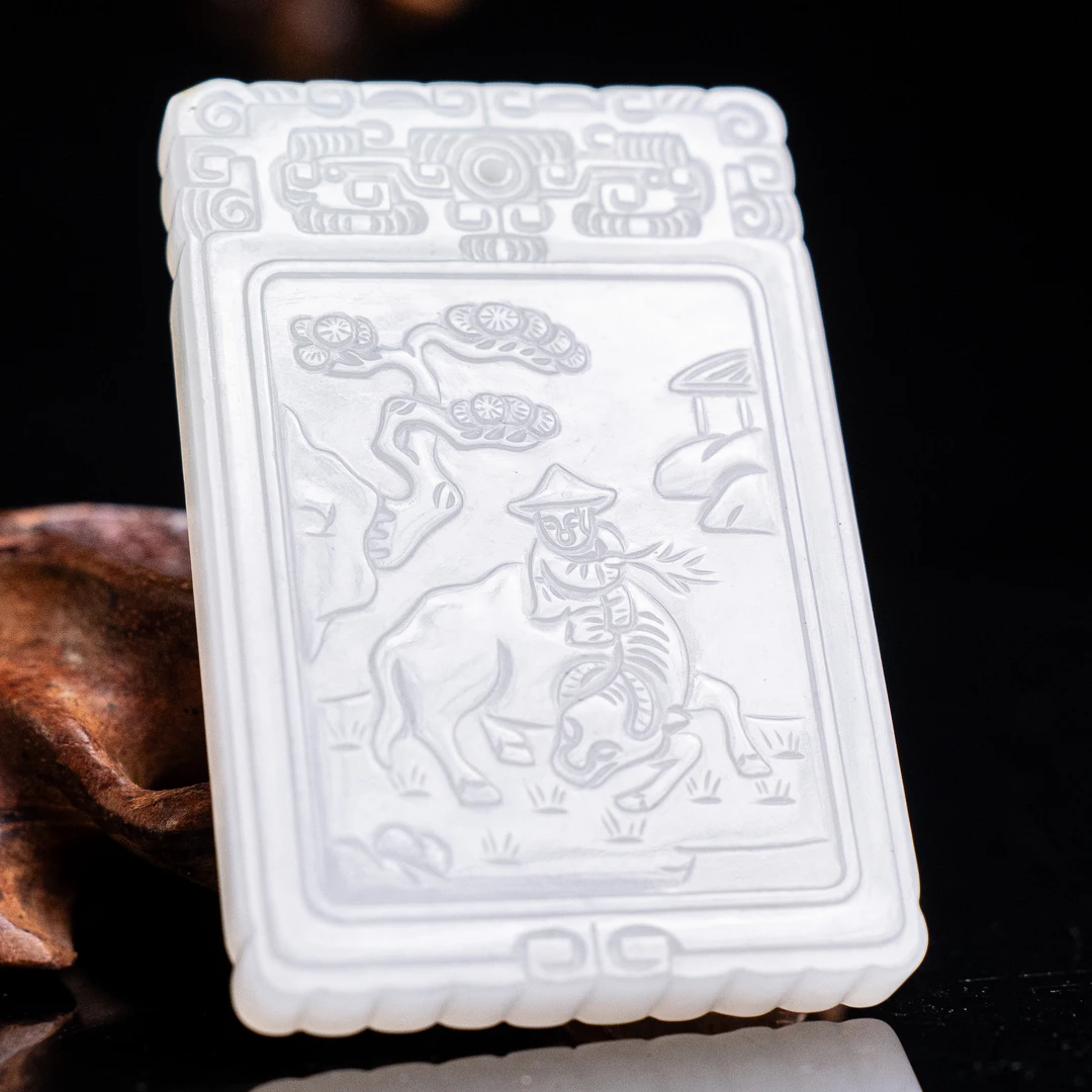 清代和田玉童子牧牛诗文牌-LM