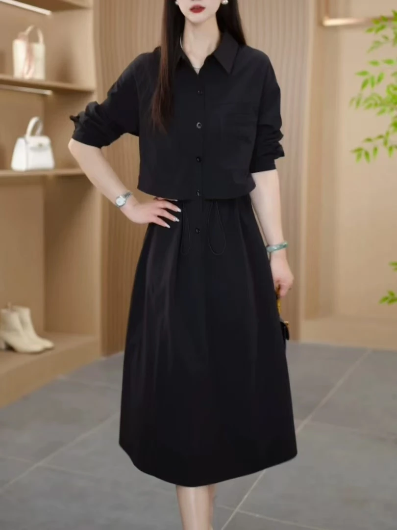 【QX499】25117时尚简约领连衣裙女2025新款宽松遮肉轻熟风休闲