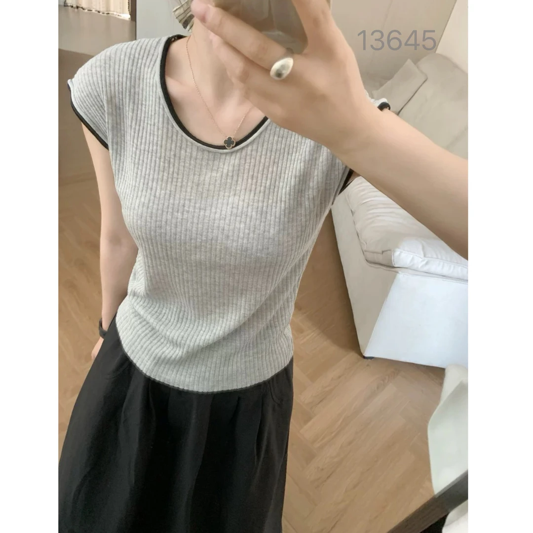 13645（部分无水洗唛，介意慎拍）WANGDAN新款领口袖口撞色小飞袖