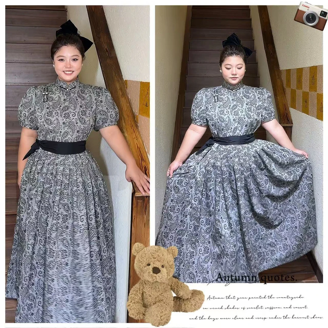 【衣合大码民族服饰】DM038「暗夜玫瑰」灰黑色气质洋气减龄长款简约