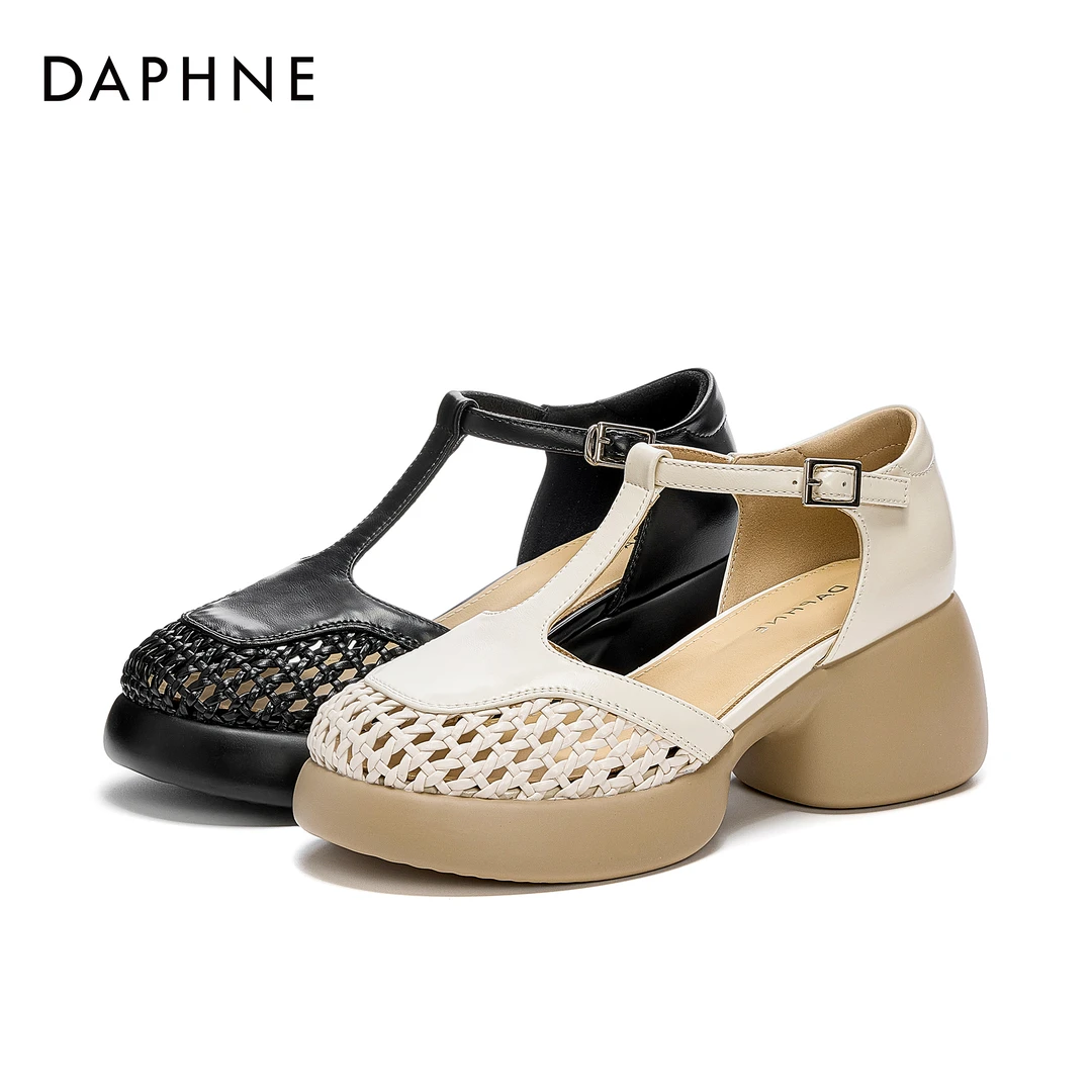 达芙妮时尚休闲百搭2025夏气质仙女风镂空粗跟丁字式扣带时装凉鞋