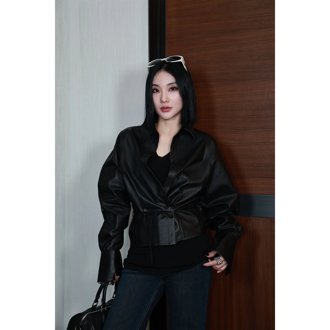 【妙妙精选】HUANGNAJI翻领系带时尚气质设计感绵羊皮皮衣26026