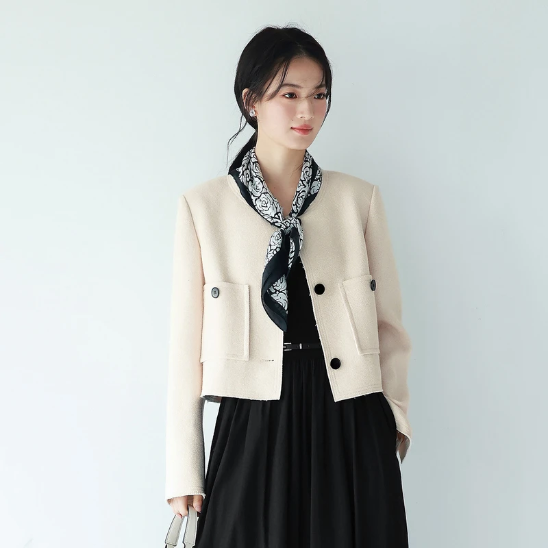 伊芙丽羊毛混纺经典时尚小香风袖口毛边设计短外套女春1G2910861