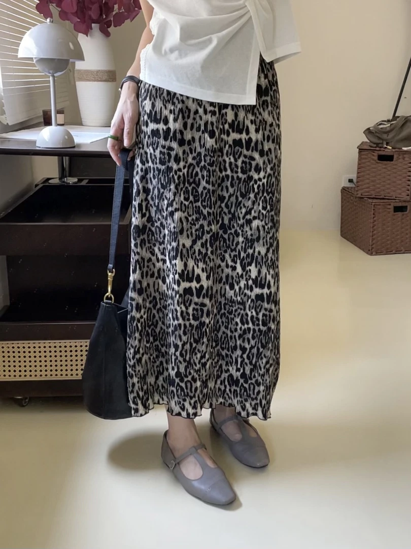 【冷调豹纹】简约韩版复古气质豹纹时尚夏季显高显瘦压褶半身裙
