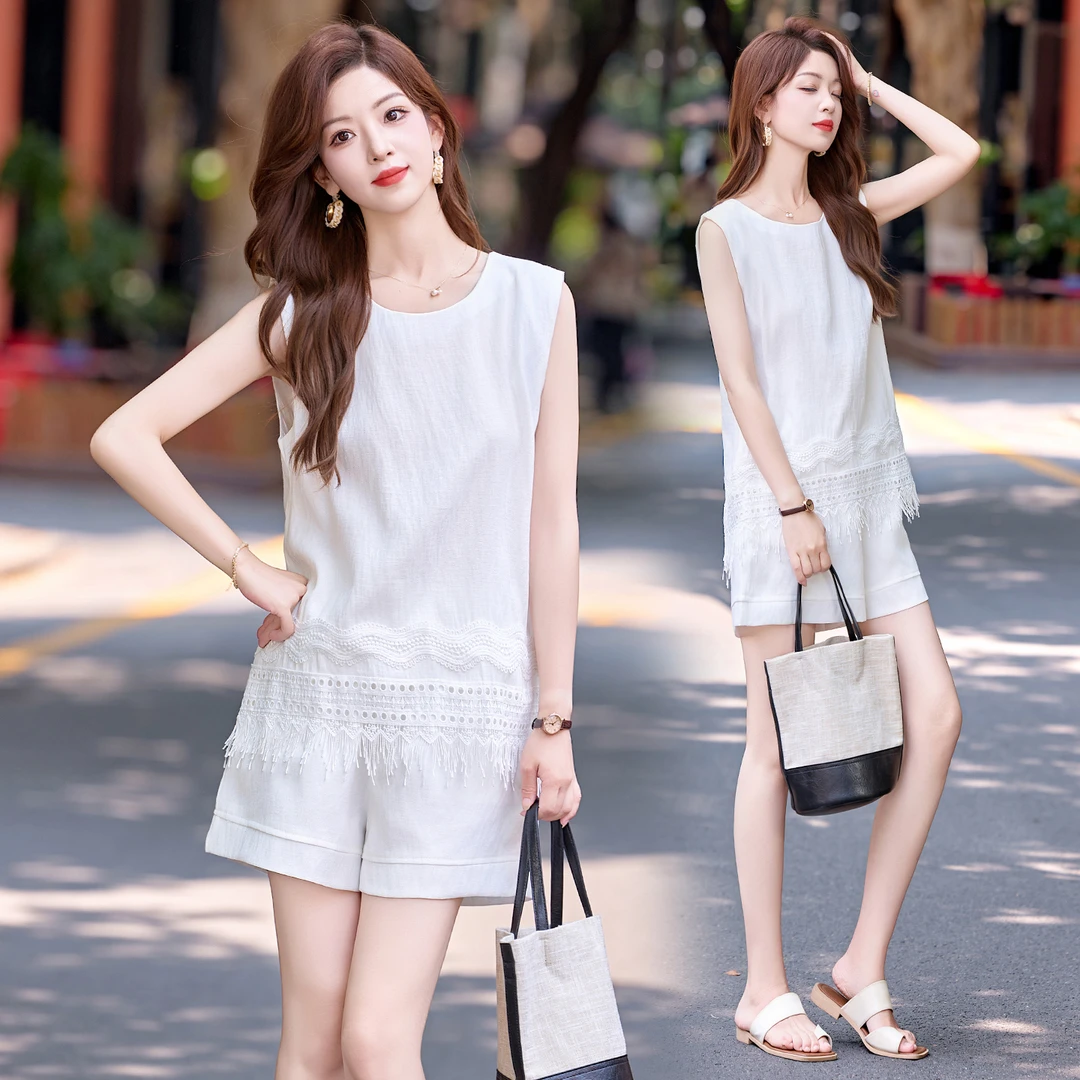 现货主推夏季新款时尚洋气重工艺拼接休闲宽松上衣阔腿短裤两件套