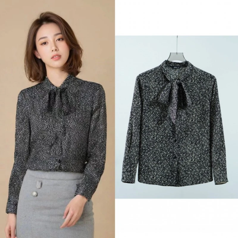 莉推荐【三C・伊】E063-5  系带碎花上衣衬衫黑色Y22410213C01