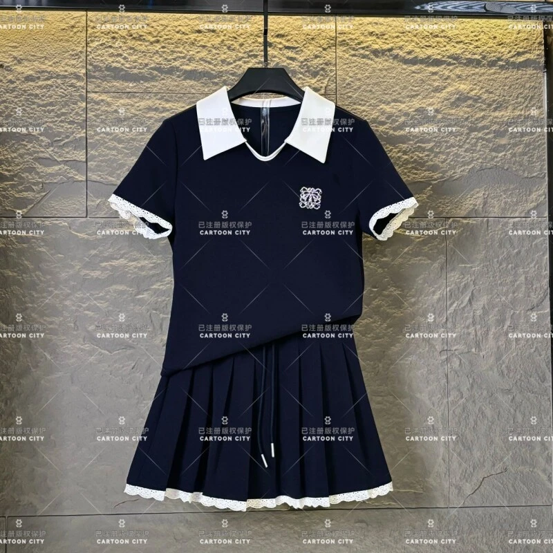 WMA-A496设计师款丨<海军领>减龄夏季T恤短裙休闲时尚花边套装
