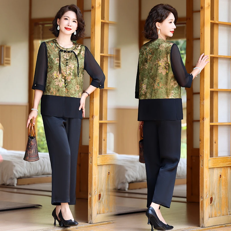 新中式妈妈夏装套装中老年女装短袖上衣小衫贵夫人夏季国风套装