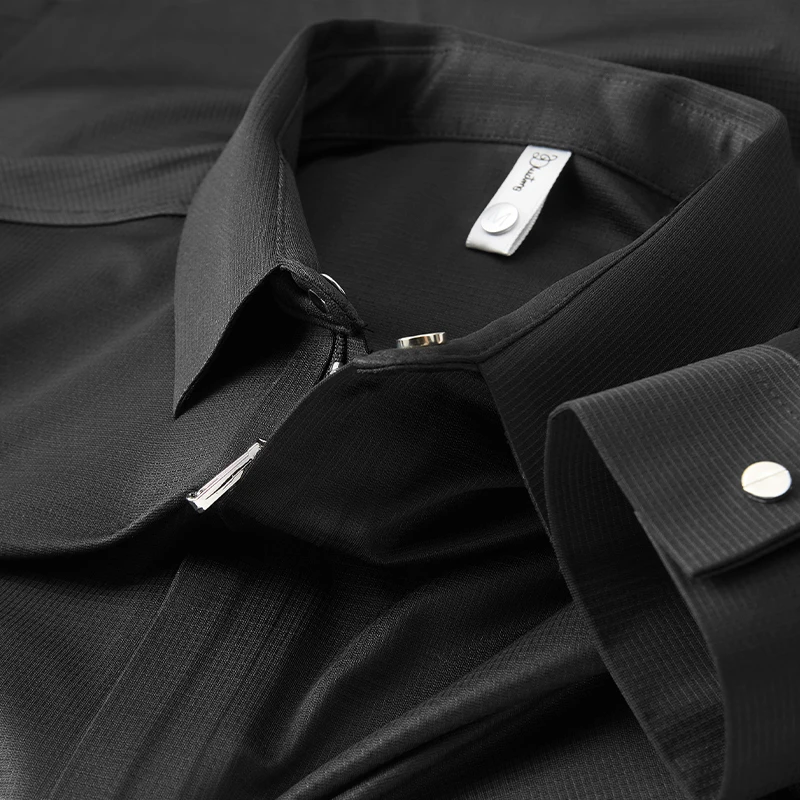 尊贵黑色华夫格衬衫男款长拉链无痕立体春秋薄2025新休闲长袖衬衣