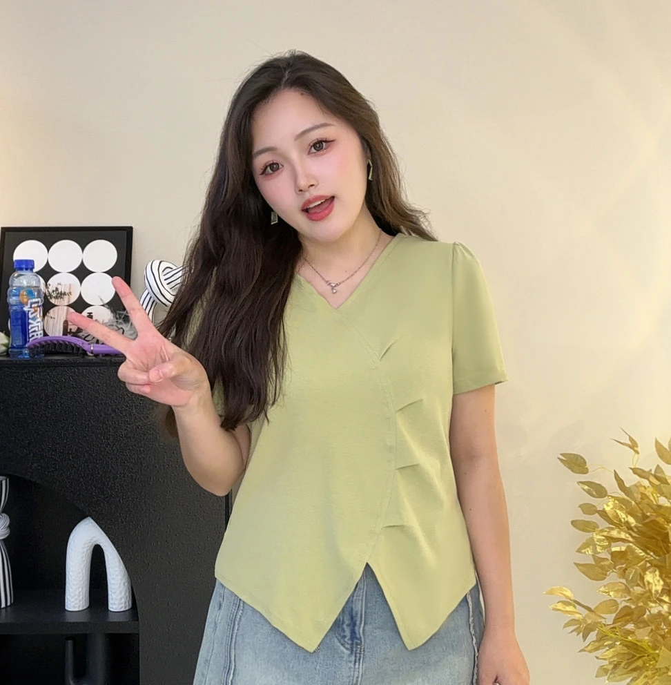 大码女装夏季新款胖mm褶皱不规则开叉短袖T恤收腰显瘦上衣