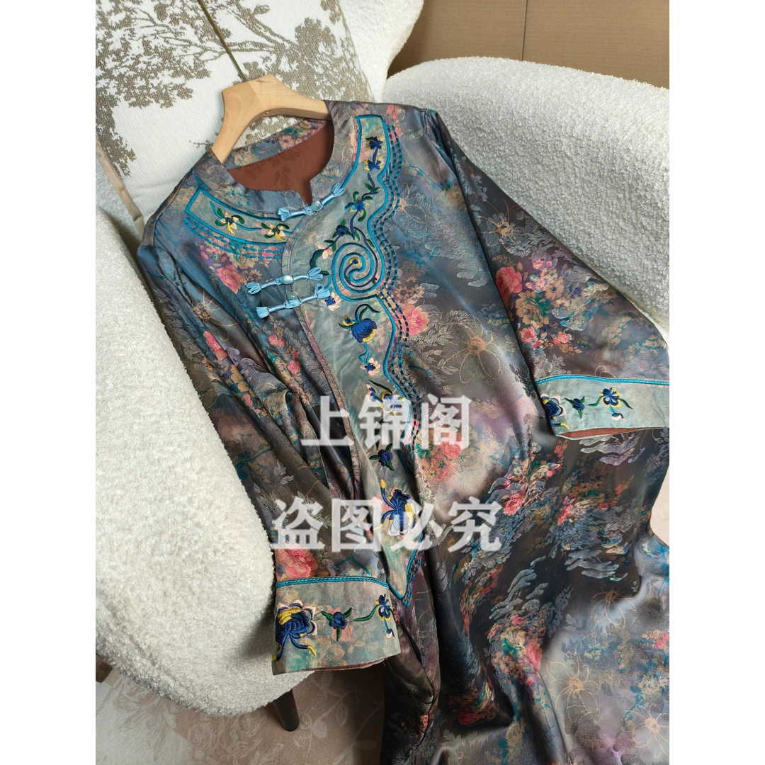 227新中式斜襟盘扣刺绣口袋碎花连衣裙中袖时尚中国风复古女宽松