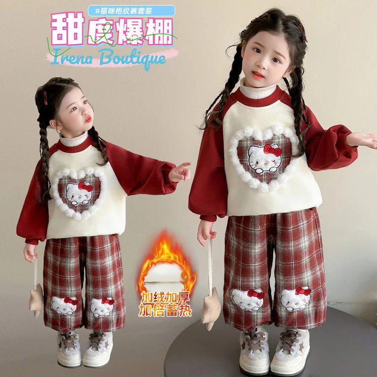 女童加绒加厚卡通猫咪格纹裤套装秋冬2025新款洋气女孩时髦两件套