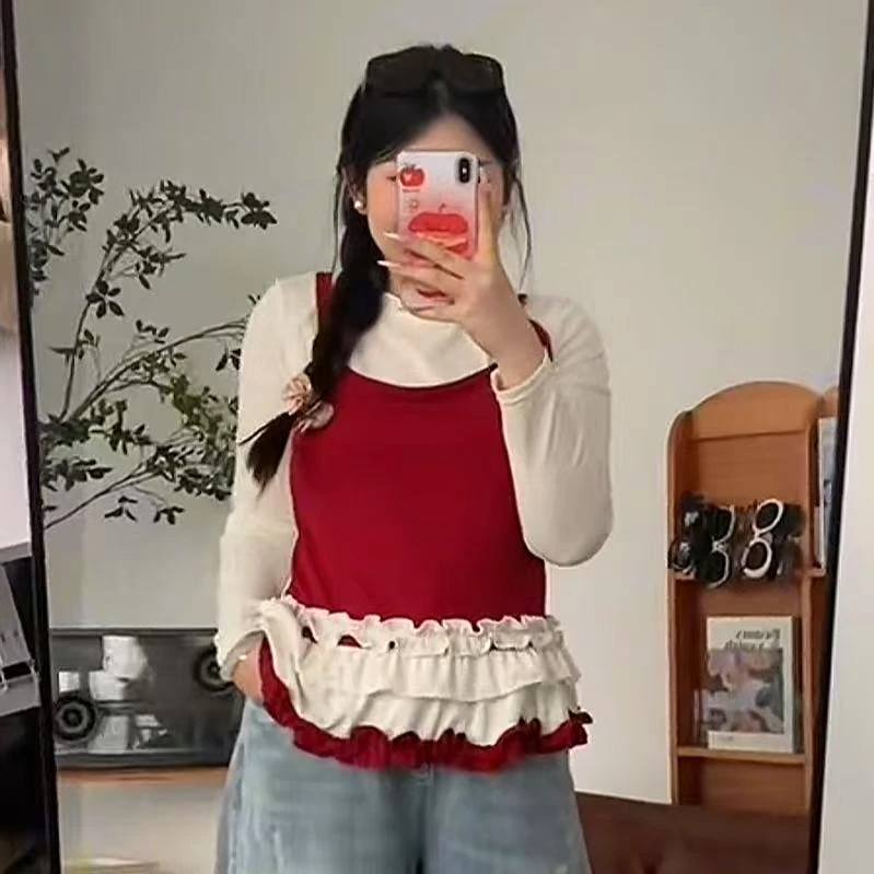 【陈鱼白】韩系拼接假两件春款休闲吊带花边裙上衣收腰显瘦大码打底