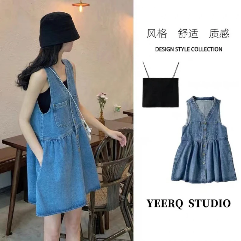 牛仔背带裙女夏季套装2025新款小个子可爱宽松减龄春秋复古连衣裙