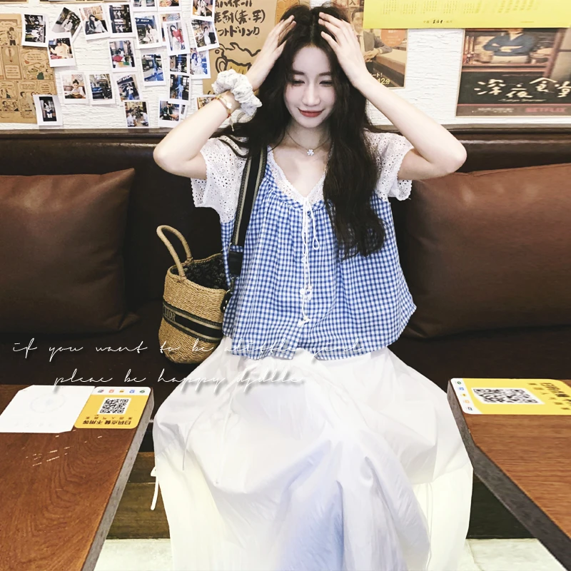 独特别致格纹上衣半身裙套装两件套女夏法式甜美蕾丝拼接短袖小衫