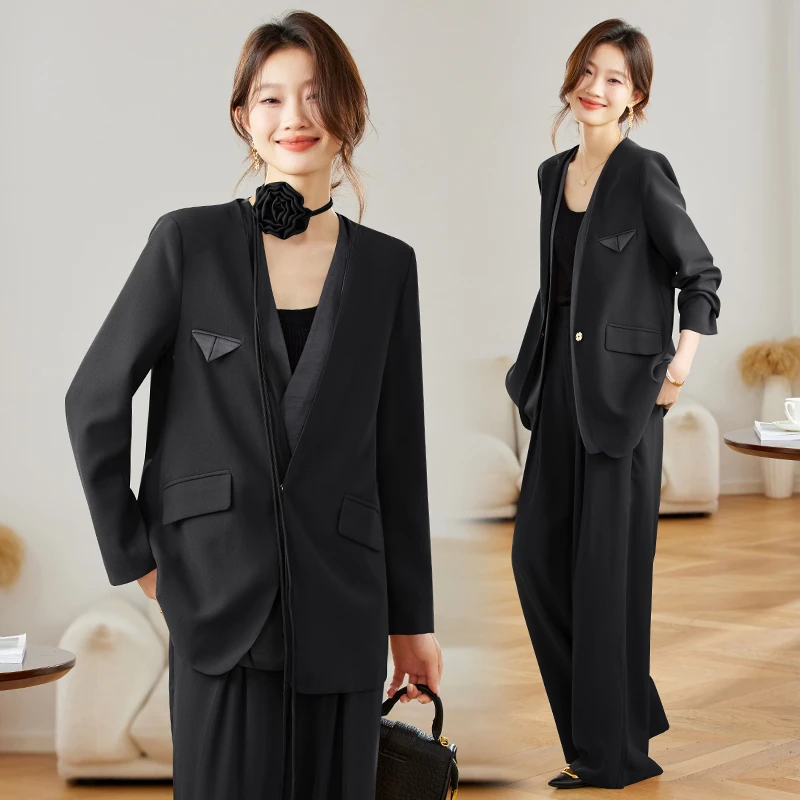 设计感时尚套装2024秋季御姐气质假两件女神范西装阔腿裤两件套