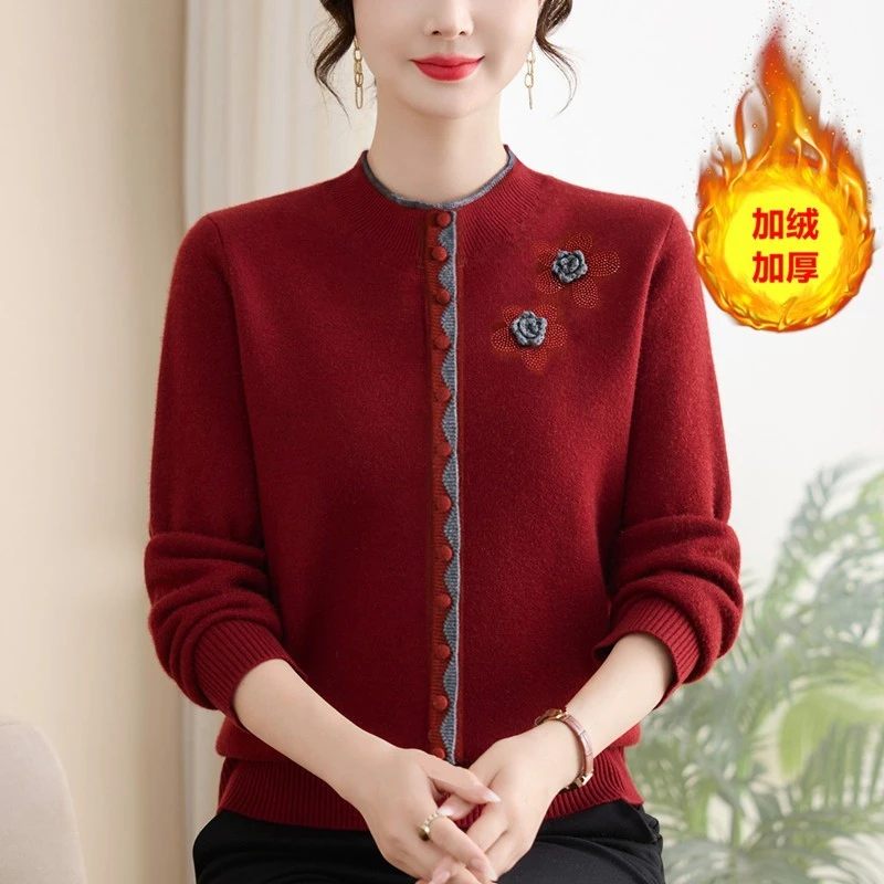妈妈秋冬装加绒加厚气质保暖毛衣加厚针织上衣中老年女打底衫308