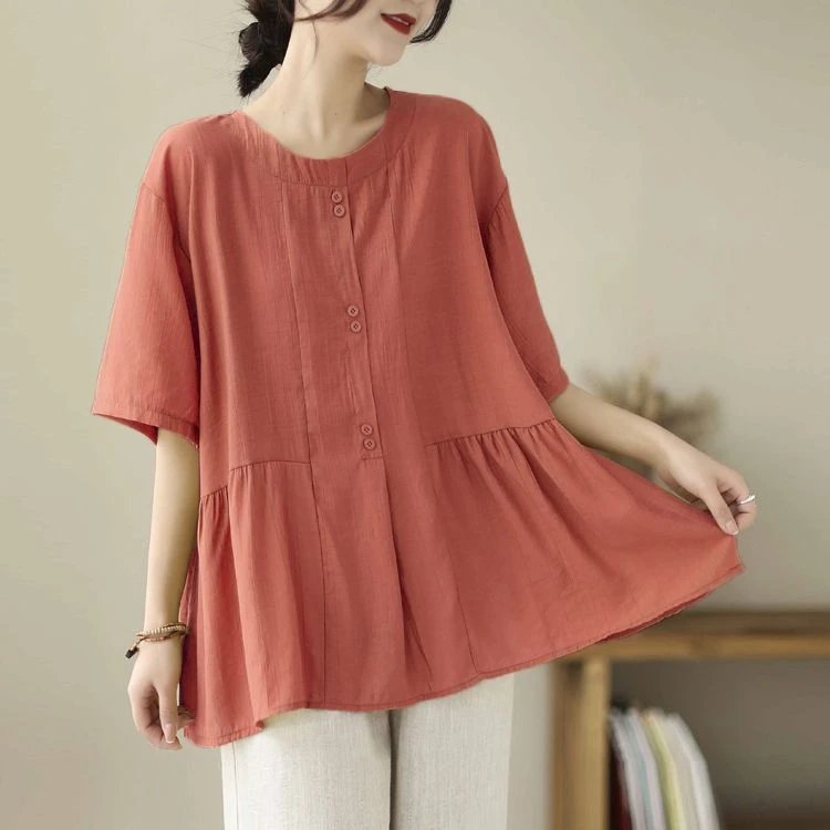 夏季麻薄款大码女装上衣女纯色短袖宽松显瘦遮肉恤妈妈装
