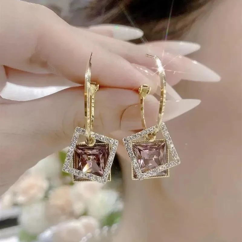 925银耳饰 纯银针方块水晶耳环轻奢百搭耳钉高级感女耳饰小众简约