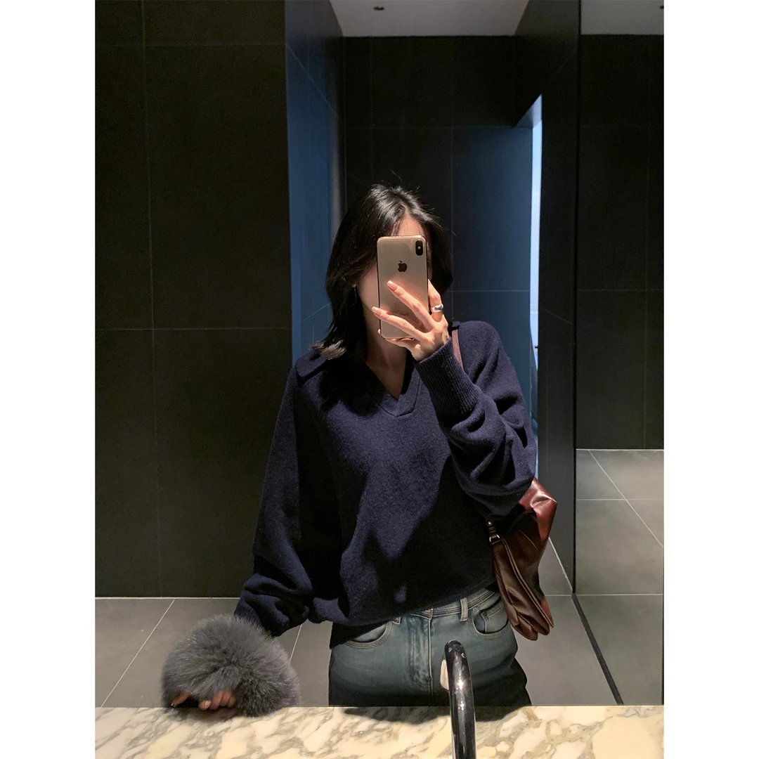 IAMJAM【12.12新品】藏青色蝙蝠袖polo衫秋冬宽松百搭显瘦针织衫