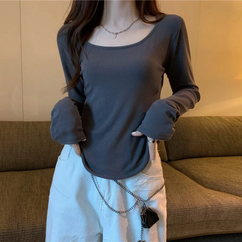 2025秋U领长袖t恤女弧形下摆不规则设计感修身打底衫纯欲风锁骨上
