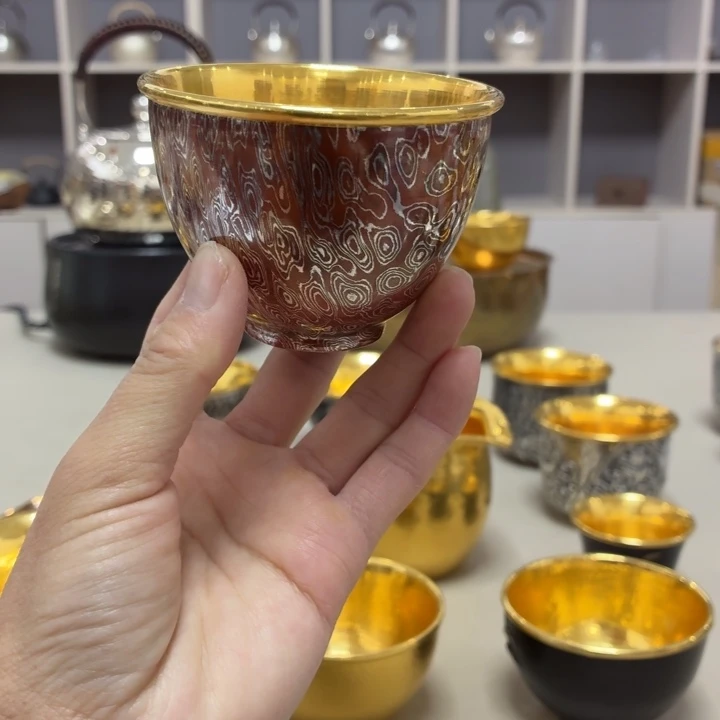 李小鹤银铜木纹金足金999仿古杯120毫升