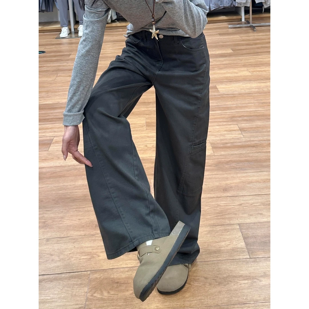 大码美式复古高腰直筒显瘦阔腿裤女秋季梨型宽松遮胯工装牛仔裤子